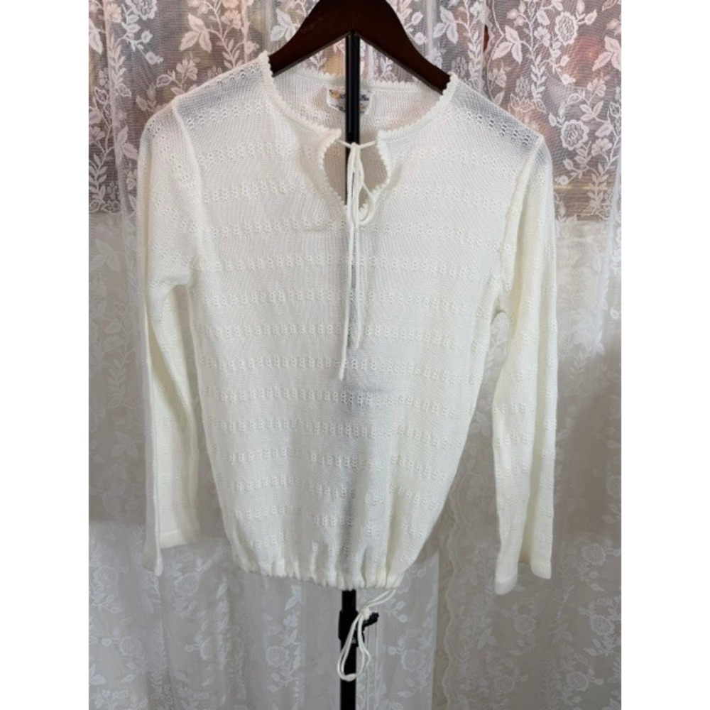 Sweater Bee by Banff Ltd Vintage White Pointelle Knit Tie Neck Drawstring Top